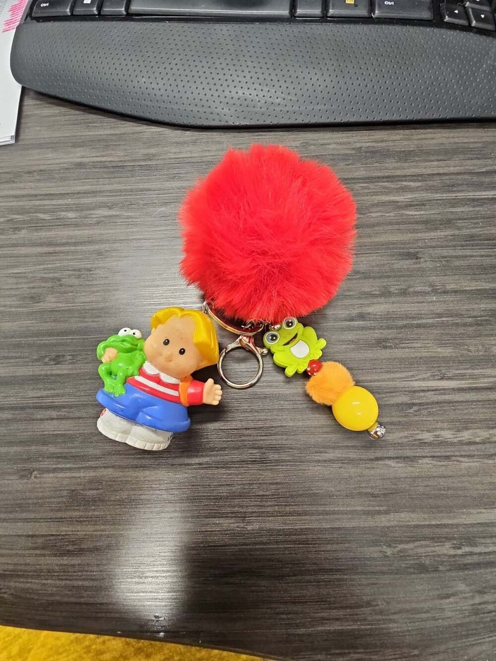 Little People Red Pom Pom Keychain with Eddie and Freddie Frog